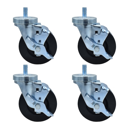 Bk Resources 4-inch Threaded Stem Casters, Hard Rubber Wheels, Brake, 300lb Cap, Grease/Water Resistant, 4PK 4SBR-4ST-HR-PS4